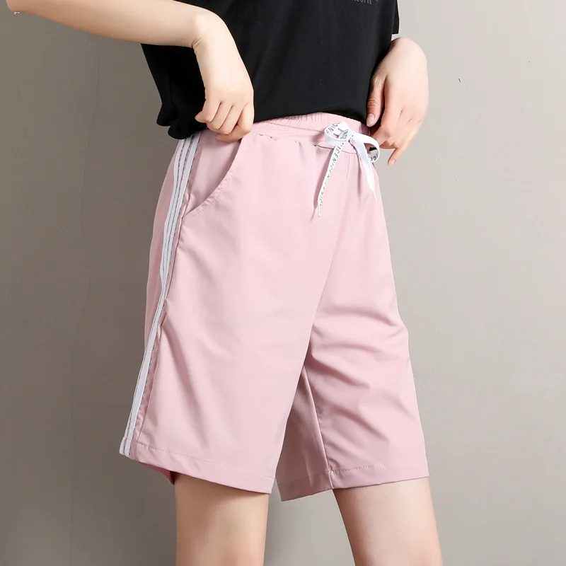 

Summer Ice Silk Mini Shorts Sexy Women Fitness Sport Running Short Pants Woman Elastic High Waist Drawstring Loose Pocket Shorts