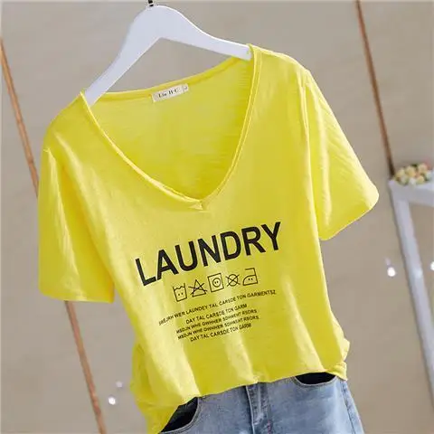 

Cotton 2021 Summer New Slub Cotton V-neck Letter Printing All-match Short-sleeved T-shirt Women's Bottoming Shirt