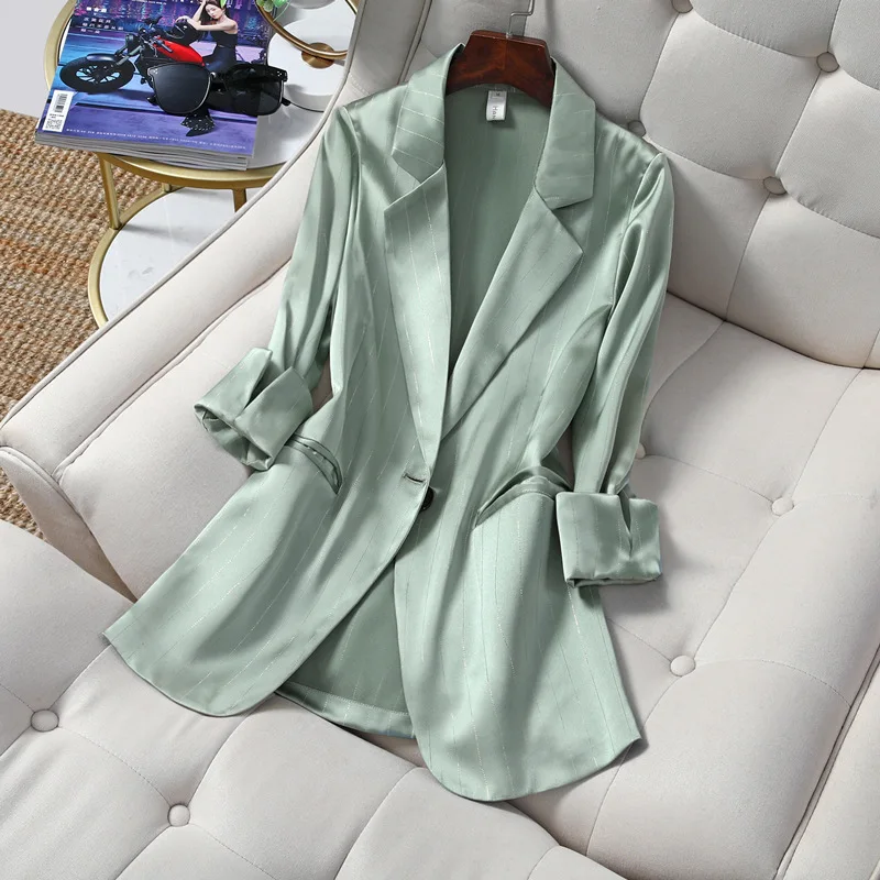 

M-5XL Plus Size Women's Summer Blazer Korean Style Elegant High Quality Bright Silk Striped Suit Jacket Sun Protection Top