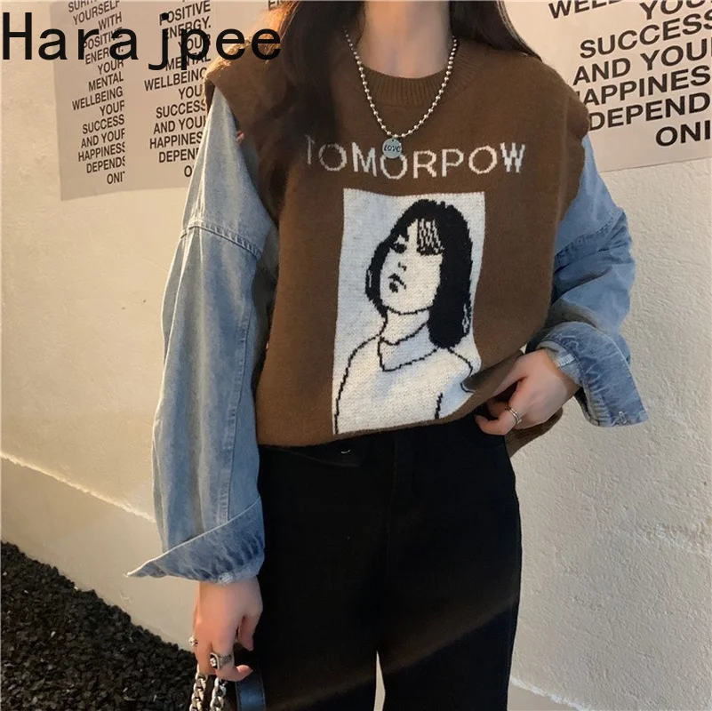 

Пуловер женский джинсовый из двух частей, с круглым вырезом и принтом