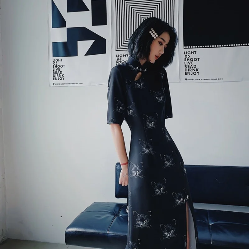 Азиатская уличная одежда в японском стиле длинное платье миди Чонсам восточное