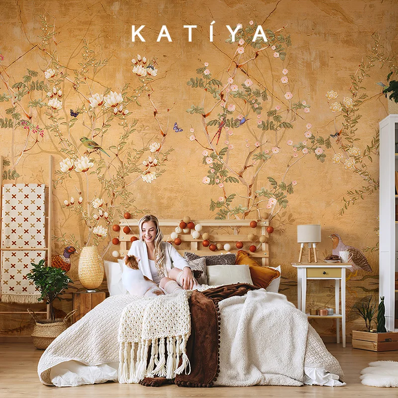 Custom flower and bird wallpaper new Chinese pastoral living room bedroom sofa background wall hotel decorative mural | Обустройство