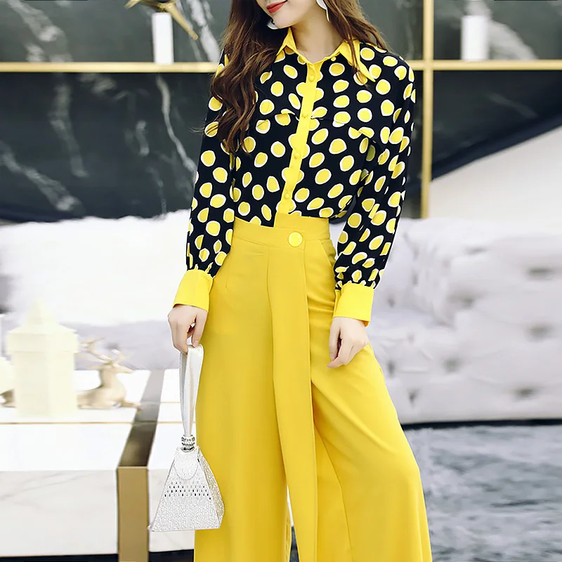 High Quality Women's Set 2020 Summer Fashion Ladies Turn-down Collar Polka Dot Print Tops Shirt +High Waist Split Yellow Pants
