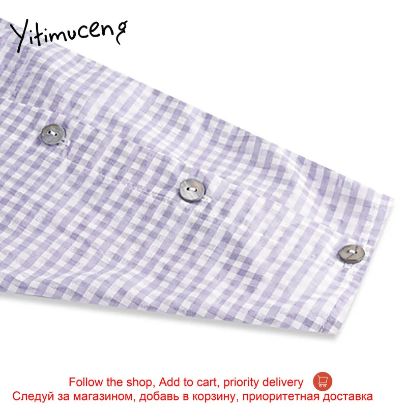 

Yitimuceng Plaid Hook Flower Hollow Blouse Women Shirts Loose New Spring 2021 Fashion Clothes Long Sleeve Turn-down Collar Tops