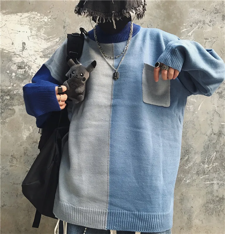 Winter Turtleneck Sweater Men's Warm Fashion Contrast Casual Knit Pullover Men Streetwear Hip Hop Knitting Sweaters Male Clothes