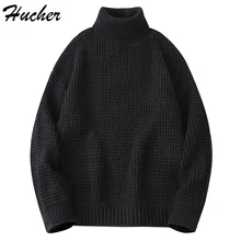 Huncher Mens Knitted Turtleneck Sweater Men 2021 Winter Casual Oversized Vintage Jumper Male Korean 