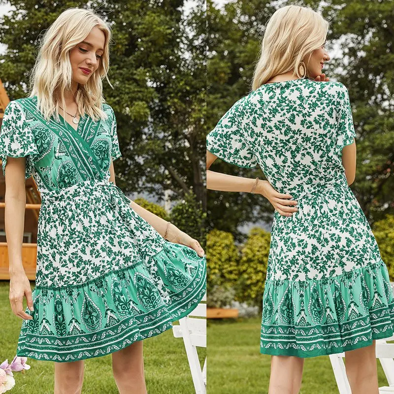 Новое Женское платье с цветочным принтом и v-образным вырезом эластичная резинка