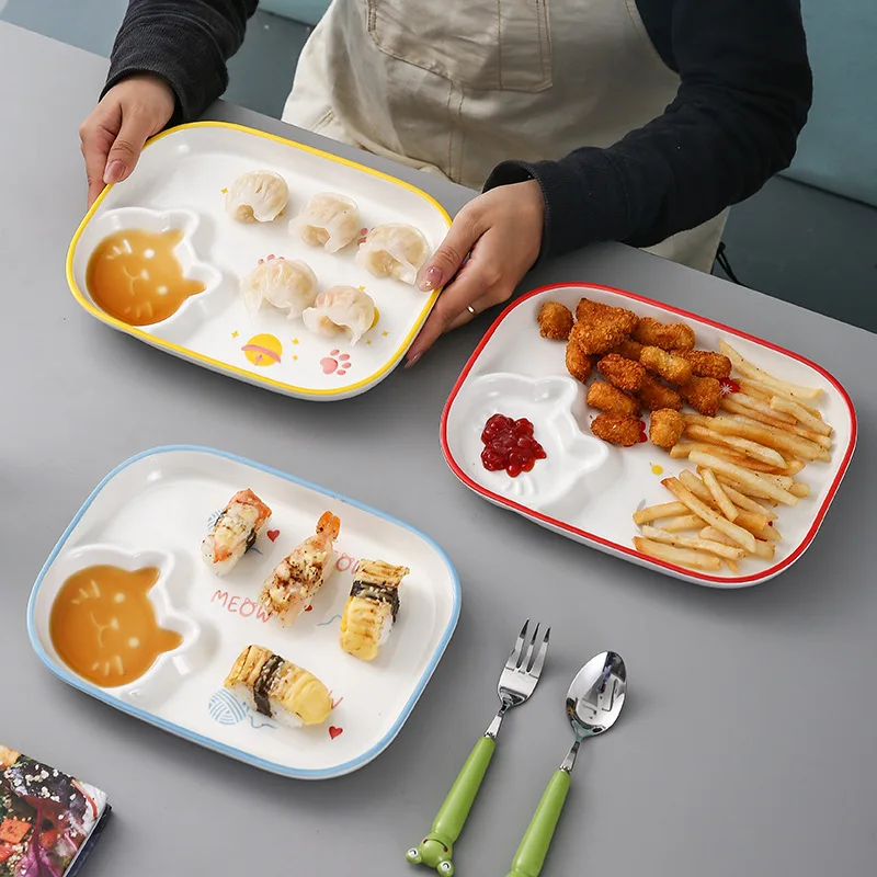 

Creative Cartoon Tableware Kids Dumpling Plate With Vinegar Dish Ceramic Compartment Plates