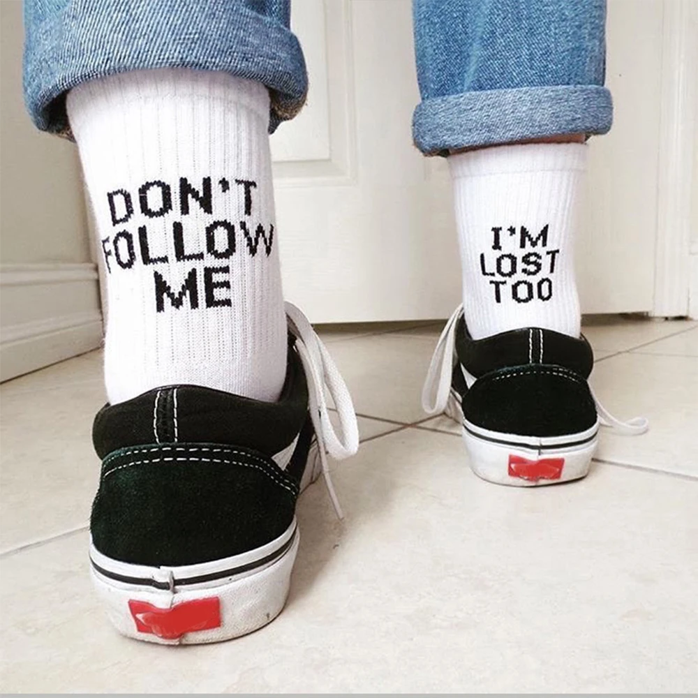 

2020 черные белые хлопковые носки с надписью «Don't Follow Me I'm Lost», слишком креативные повседневные носки унисекс для женщин и мужчин