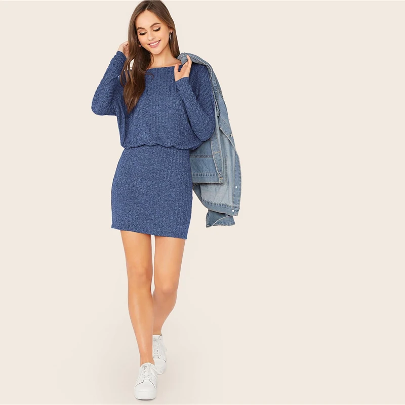 SHEIN Бордовое платье с рукавом летучая мышь, вязанное в рубчик, женское осеннее платье с вырезом лодочкой и длинным рукавом, Дамское приталенное элегантное мини-платье