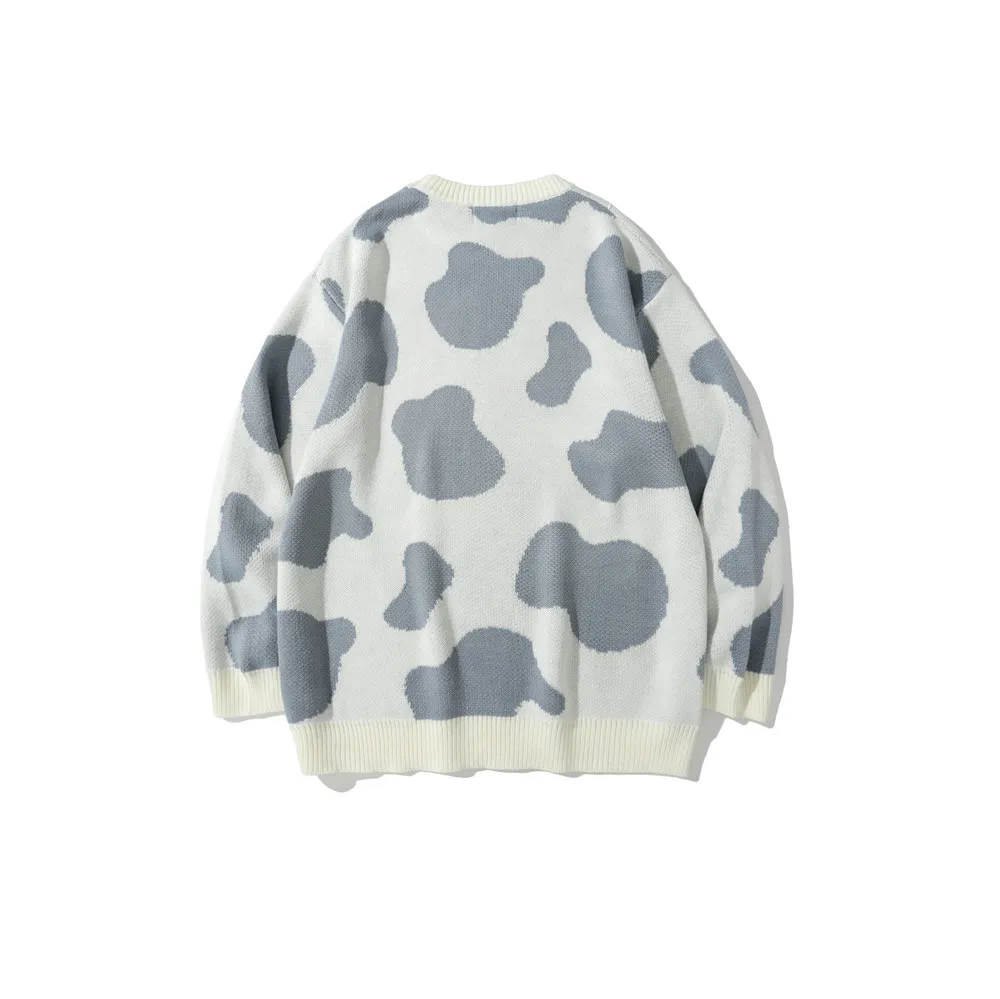 

SEVEYFAN Men's Cow Spots Jacquard Sweater BF Loose O Neck Knitwear Hip Hop Pullover Sweaters for Couples