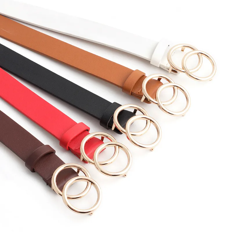 

Soft PU Leather Belt Women Double Ring Buckle Vintage Decorative Casual Tighten All-Match Lightweight Waistband Solid Holes