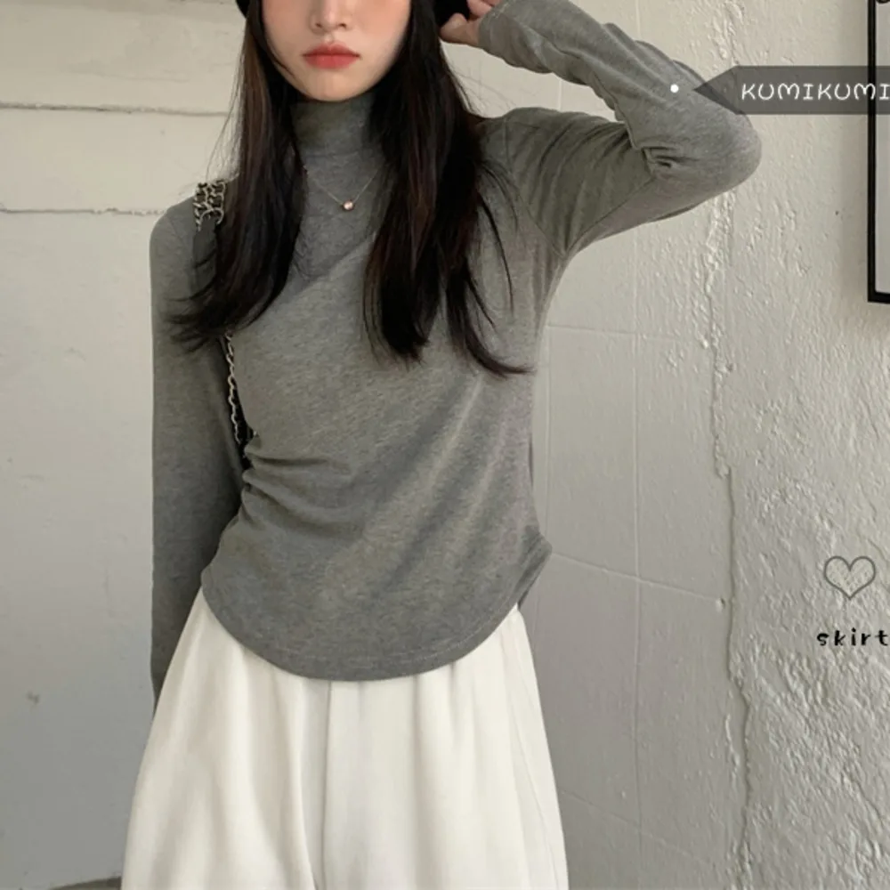 

Серая нижняя рубашка с полувысоким воротником, женская футболка с длинным рукавом, облегающий осенний Базовый Топ внутри