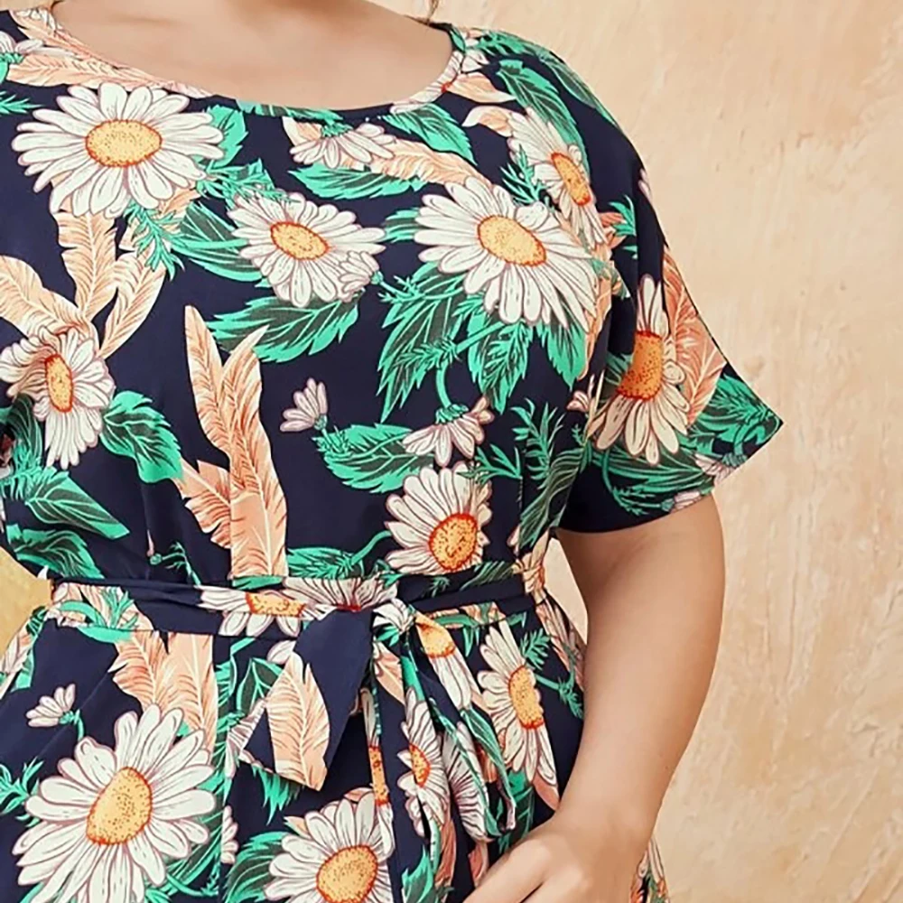 

Plus Size Dresses For Women Long 2021 Fashion O Neck Short Sleeve Floral Print Boho Beach Dress Belted Maxi Long Dress