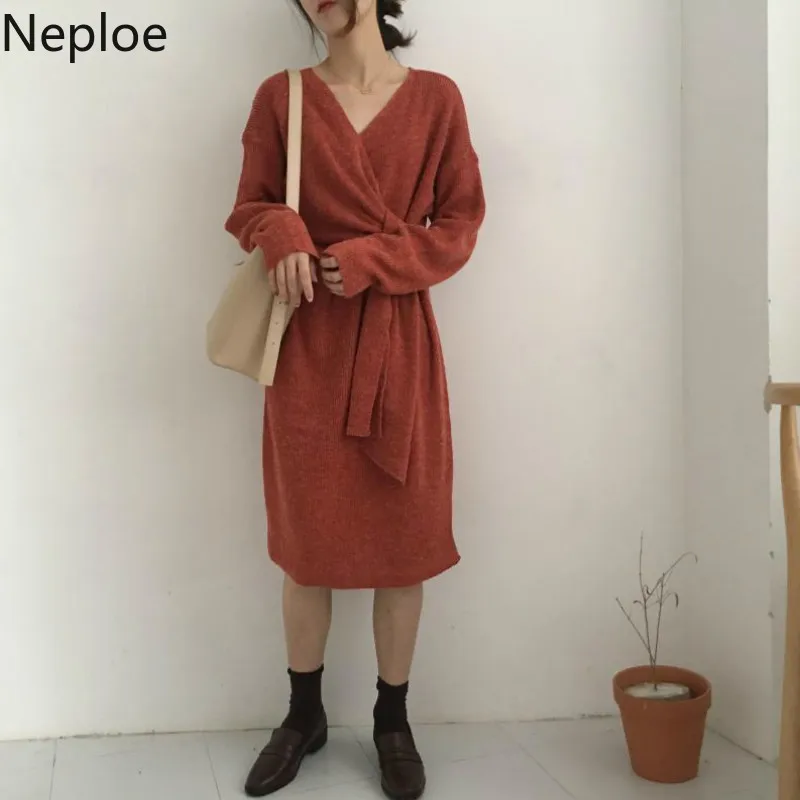 Neploe V Neck Slim Waist Lace Up Sweater Dress Autumn Loose Solid Maxi Vestido Cardigan Sueter Mujer Invierno 2020 46149 | Женская
