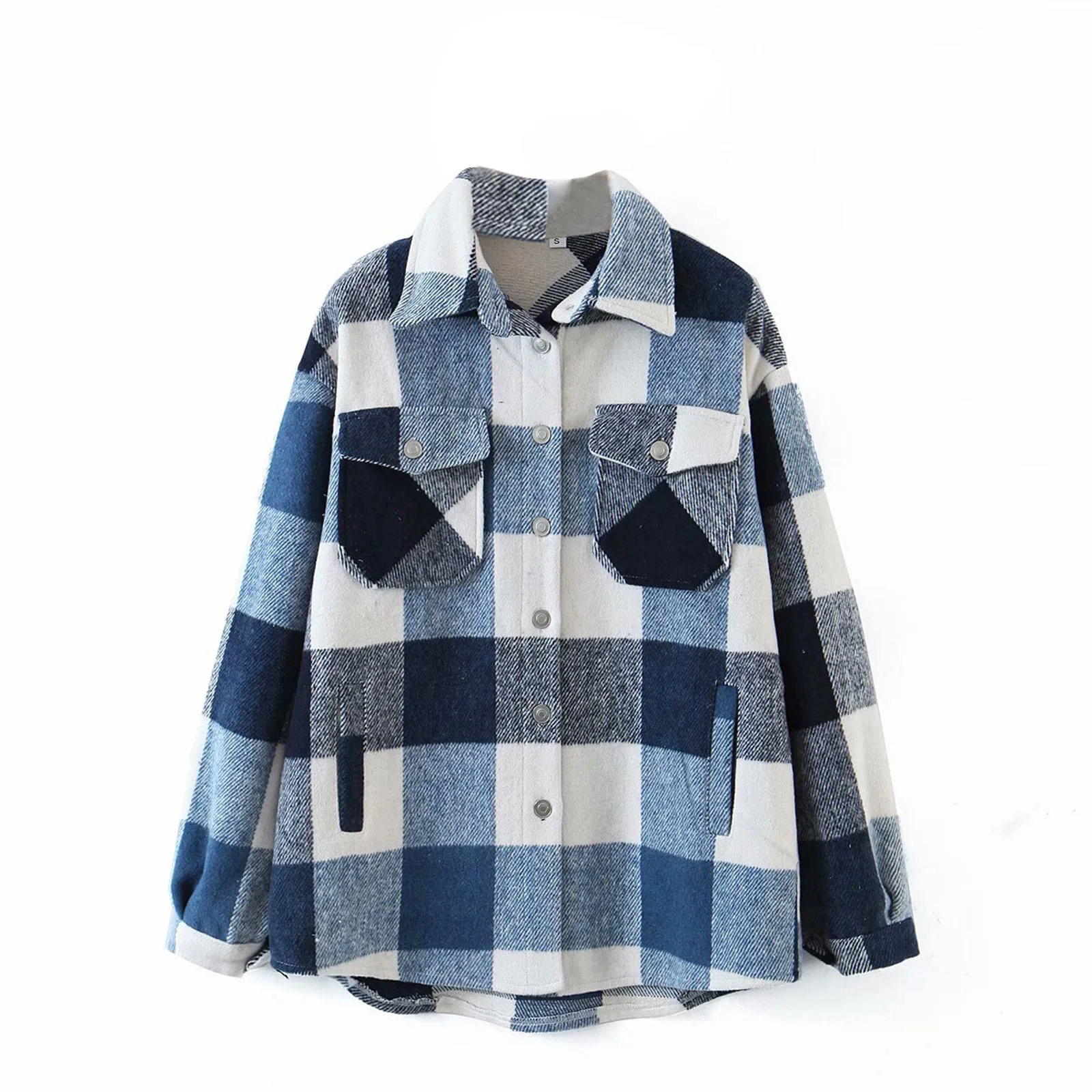 

Women Casual Simple Plaid Button Jacket Autumn Long Sleeve Loose Coat Lapel Outwear with Pocket