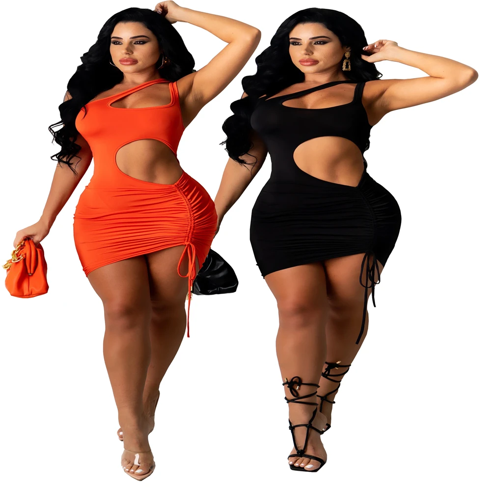 

Yg1076 European and American fashion women's summer new solid color high waist hollow drawstring temperament commuter dress