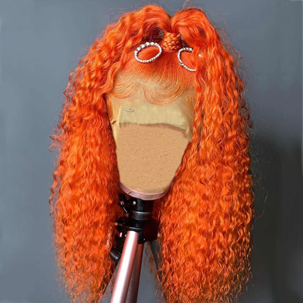 

Ginger Orange Curly Lace Frontal Wig For Women With Baby Hair Synthetic Hair Pre Plucked Heat Resistant Deep Wave Middle Part