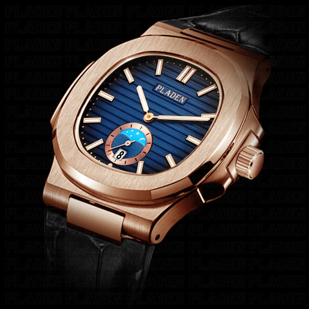 PLADEN Топ Роскошные Брендовые Часы Для мужчин розово золотистый и черный кожаный