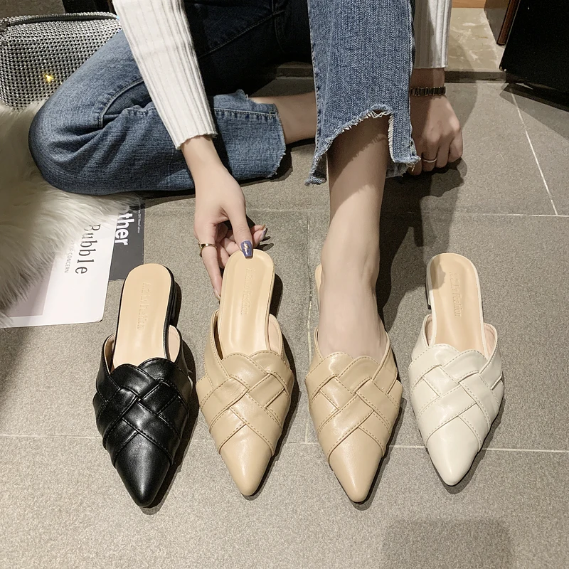 

Low Slippers Casual Pointed Toe Shoes Slipers Women Slides Square heel Luxury 2021 Flat Cover Soft Block PU Rome Fabric Rubber