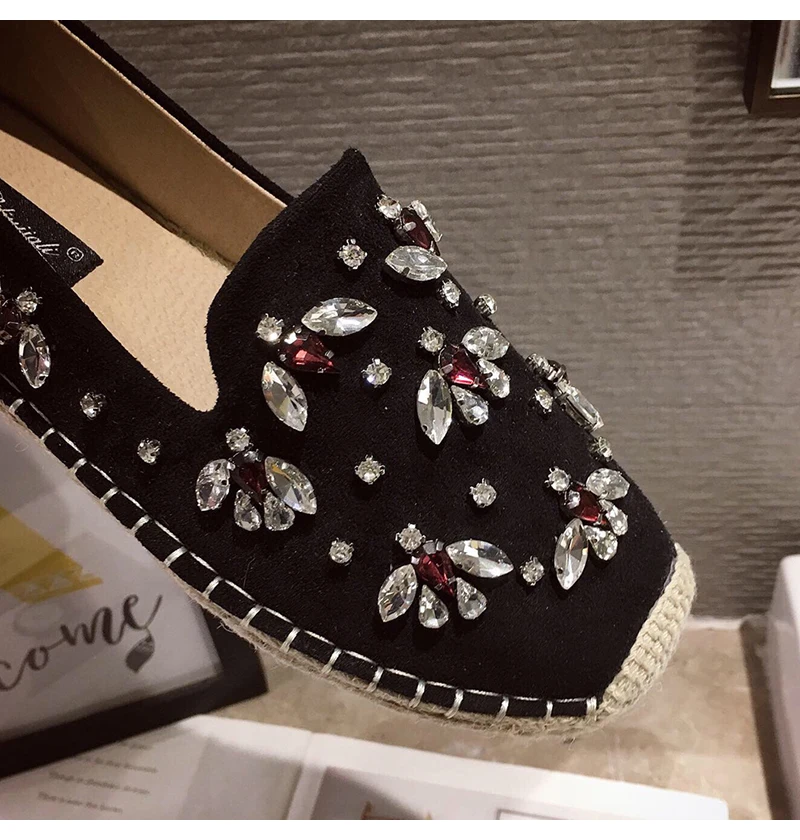 Fashion Hemp Loafers Women Espadrilles Flats Shoes Sewing Rhinestone Round Toe Ladies Casual Moccasins Slip On Brand Style New