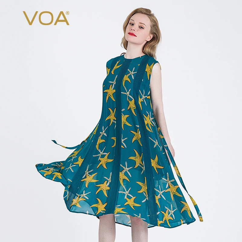 

VOA Silk 12m/m Beige Printed Georgette Waist Lace-up Round Neck Bag Shoulder Short Sleeve Pleated Splicing Dress A60