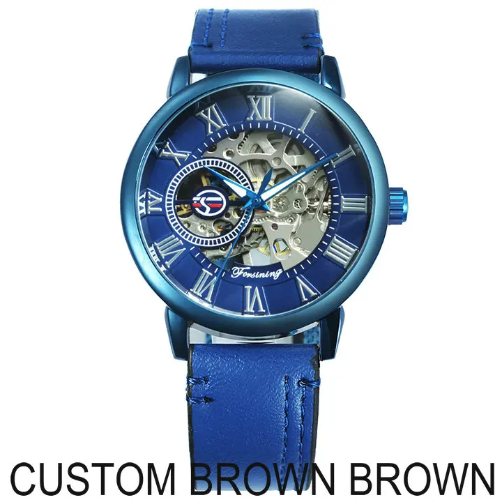 BROWN BROWN FORSINING новые мужские модные часы, мужские механические часы с синим скелетом, мужские часы от ведущего бренда, Роскошные наручные часы с кожаным ремешком - Цвет: BROWN BROWN