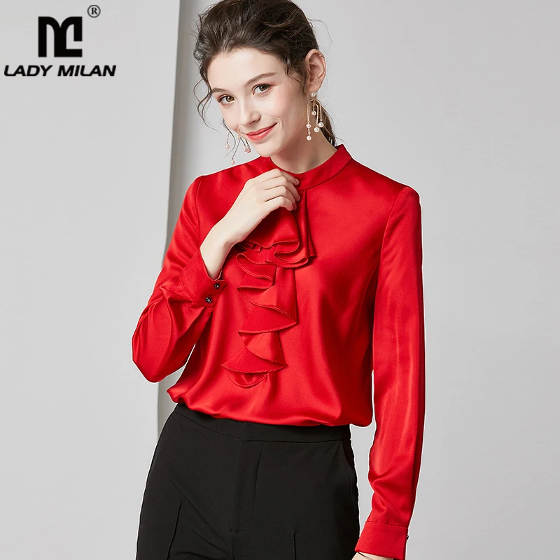 Женские Подиумные рубашки смесь из шелка с круглым вырезом и длинными рукавами