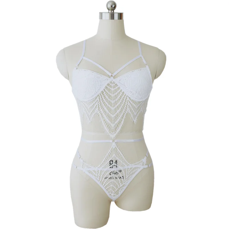 

Novelty Special Use apparel Sexy lace lingerie t bra +panties Sexy lingerie three-point strap hollow see-through bra T pants