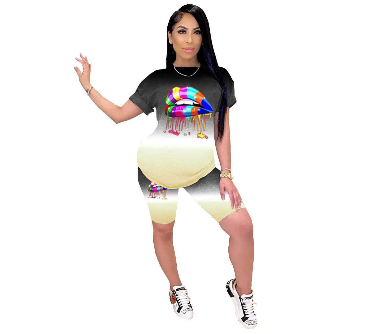 

SSEURAT Women Gradient Lips Print Tops Shorts Jogger Pants Suit Two Piece Set Sport Tracksuit Outfits Matching Set