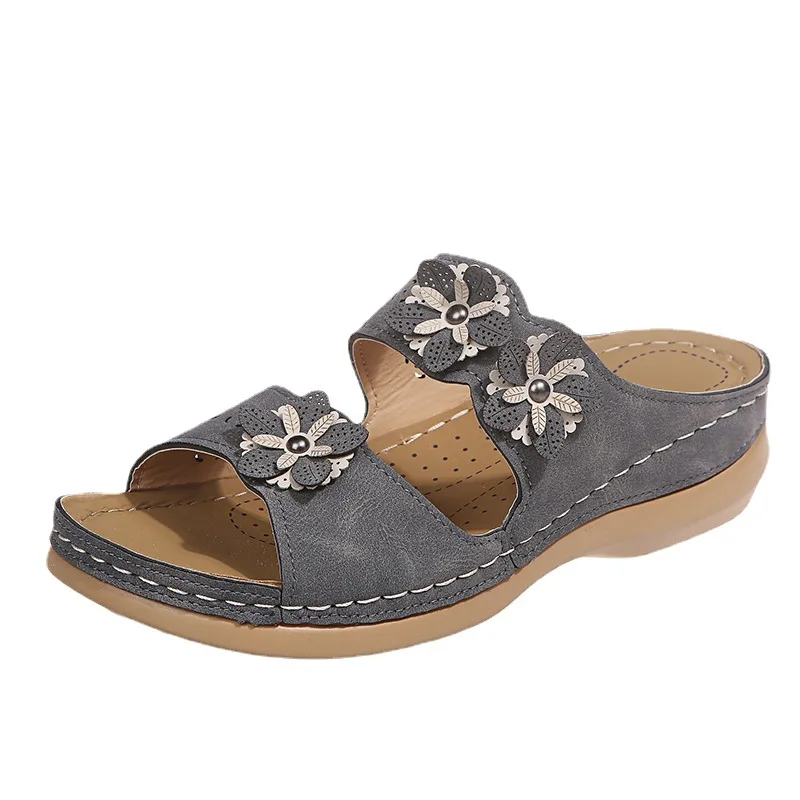 

2021 New Summer Women Casual Shoes Vintage Flower Fish Mouth Sandals Women Rhinestone Mid Heels Wedge Sandals Open Toes Sandals