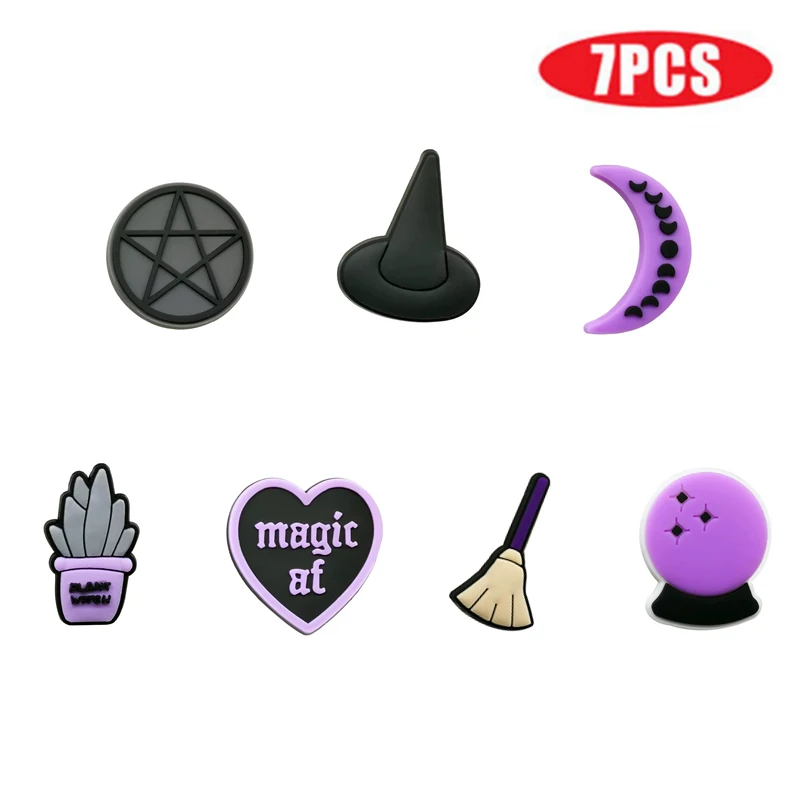 7 шт./лот ПВХ подвески для обуви из серии Witch, украшения в виде Луны и волшебного шара, аксессуары для обуви, подходят для женщин, Кроксы, сабо для детей, рождественские подарки Jibz