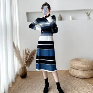 EHQAXIN New Autumn Winter Ladies Knit Dress Fashion Korean Mid-Length Slim-Fit Over-The-Knee Striped Contrast Sweater Dress S-XL