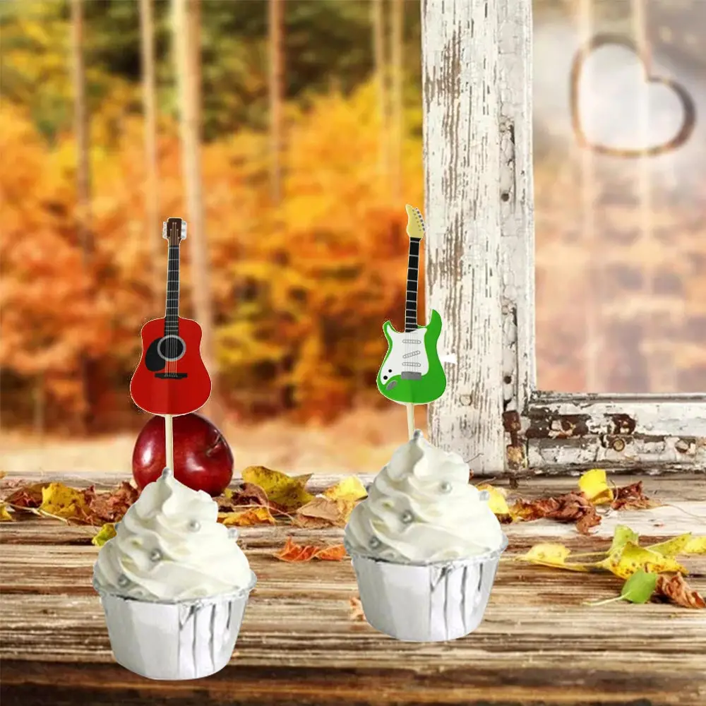 24pcs Guitar Musical Instrument Shape Cupcake Toppers Cupcake Decorating Tools Cake Flag for Baby Shower Boy Girl Party Supplies