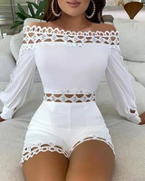 summer lace romper shorts female hook hollow out half high neck long sleeve pure color sexy romper 2021 new black white clothing