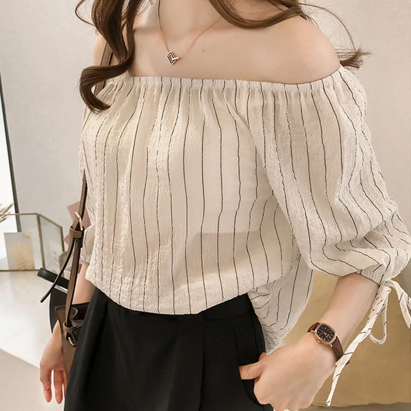 

Women Blouses Striped Print Half Sleeve V-Neck Women Shirts Slash-Neck Ladies Blouses