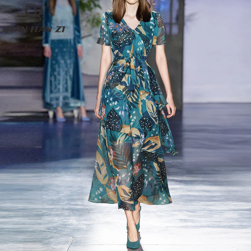 

Qian Han Zi Summer Designer Runway Fashion Maxi Dress V-neck vintage Leaf print Belt slim chiffon Cascading Ruffle Long dress