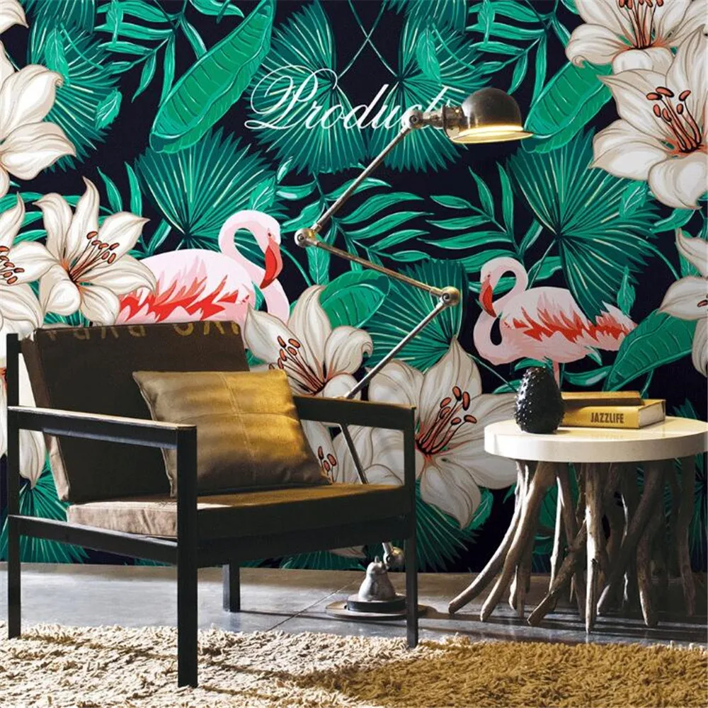 

milofi Nordic hand-painted tropical flamingo sofa custom large wallpaper mural TV background wall