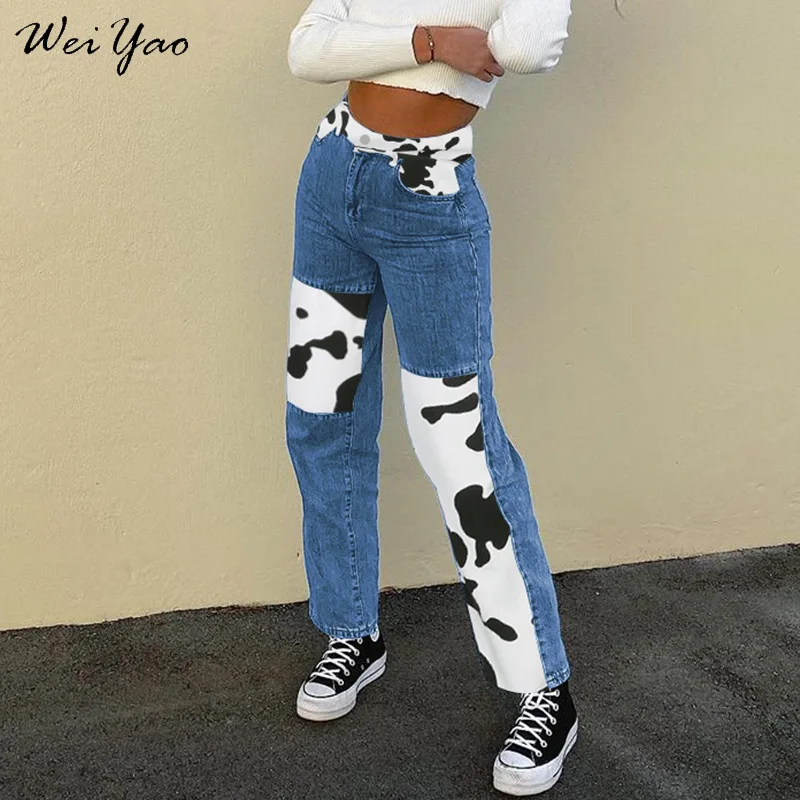 

WeiYao 90s Denim Jeans Fashion Women Fresh Cute Cow Print Patchwork High Waist Streetwear Pants Y2K E-girl Trendy Trousers New