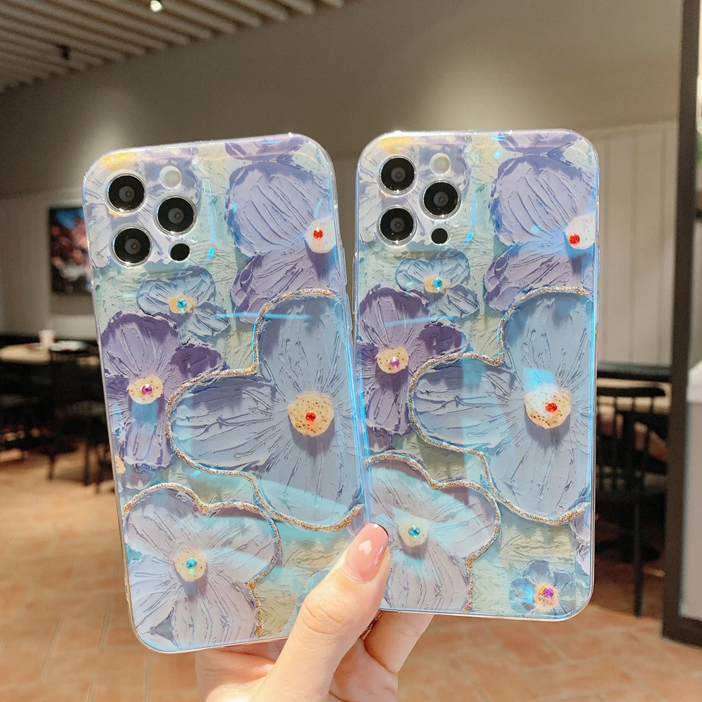 

For iPhone 13 12 11 Pro ProMax Mini XS Max XR X XS 8 7Plus Summer Fresh Purple Blue Daisy Flower Rhinestone Art Phone Case Cover