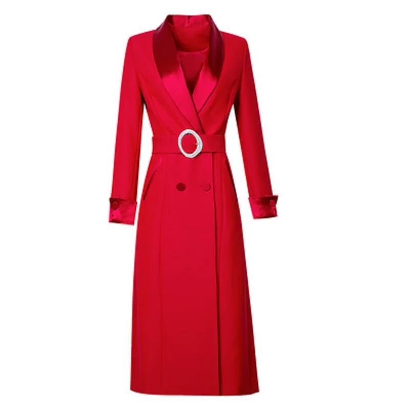 

Notched 2021 Long length dresses women's autumn winter solid retro style fashion double breasted professional dress with belt