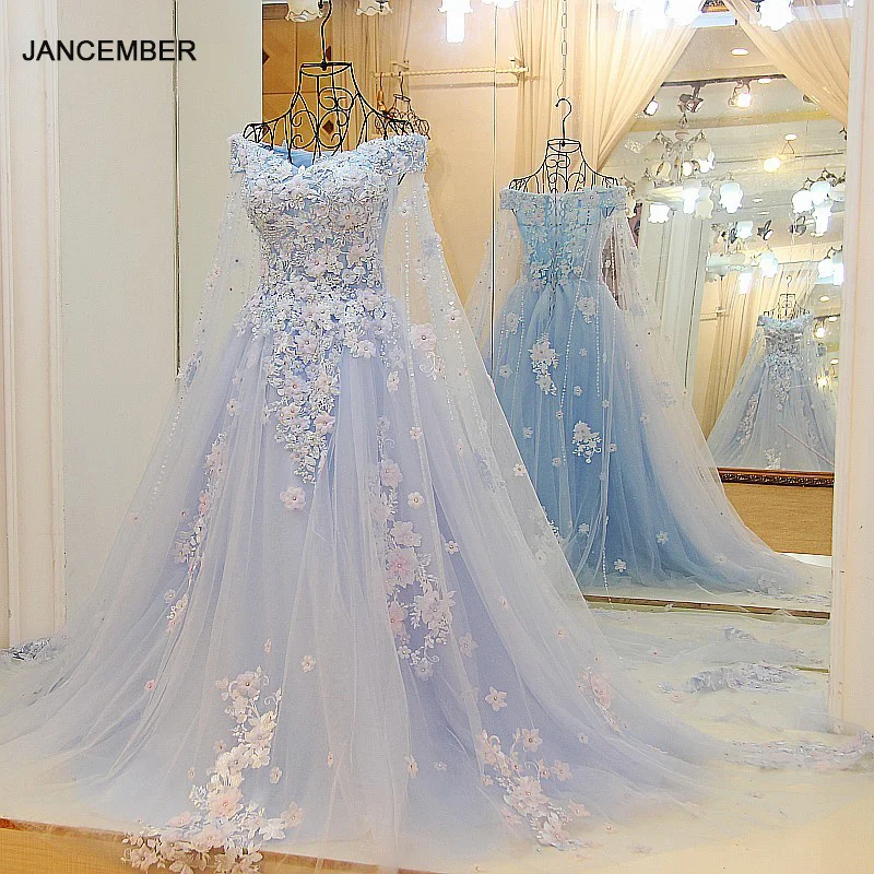 LS64420 голубое платье Длинные вечерние длинной накидкой Милая Пол Длина Вечеринка