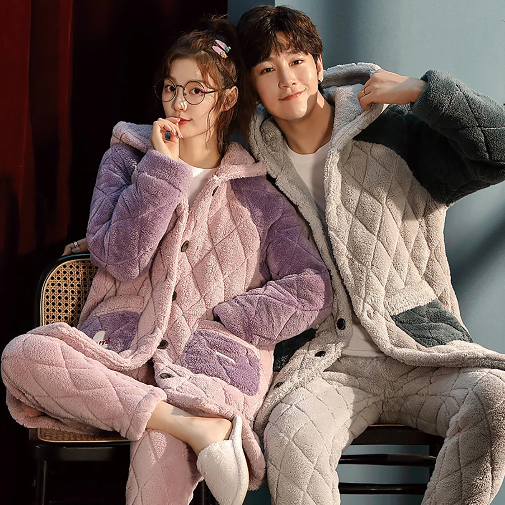 

Парный зимний пижамный комплект в клетку для мужчин, очень толстый 3-слойный фланелевый теплый мужской пижамный комплект, одежда для сна бол...