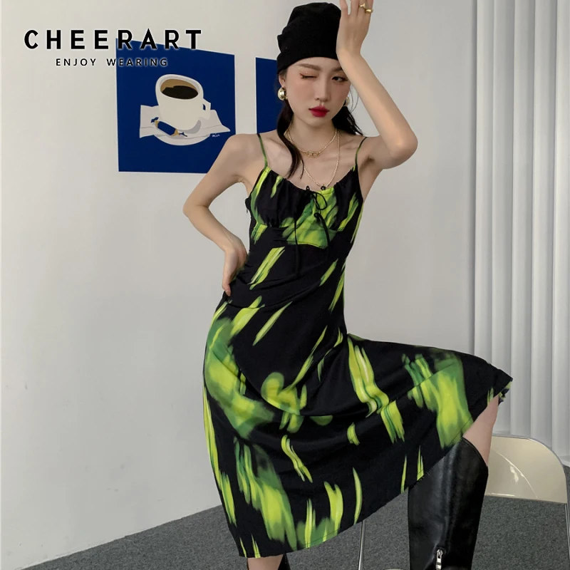 Длинное платье-комбинация CHEERART Aurora на тонких бретелях с открытой спиной зеленого
