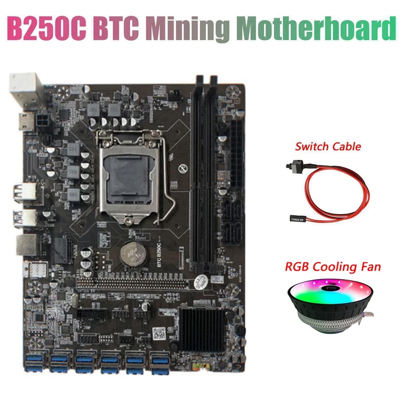 

Материнская плата для майнинга BTC B250C с RGB охлаждающим вентилятором + кабель переключения 12 PCIE на USB3.0, слот для графической карты LGA1151, поддерж...