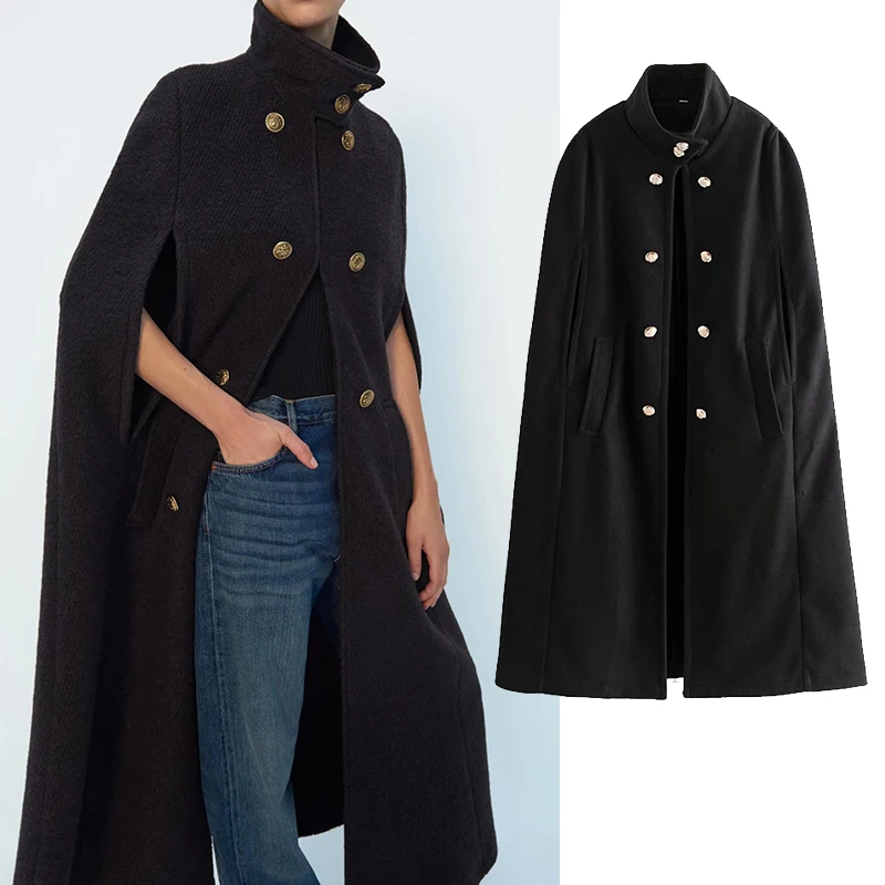 

za 2020 new Women Autumn winter cloak Windbreaker pocket Coat Open Stitch Turtleneck Long Coat Lady Streetwear Outwear