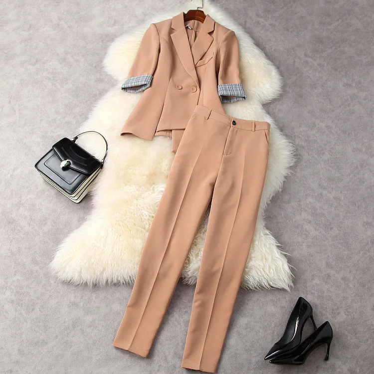 

European and American women's wear for spring 2021 Double breasted coat five-quarter sleeves Nine minutes of pants Fashion suits