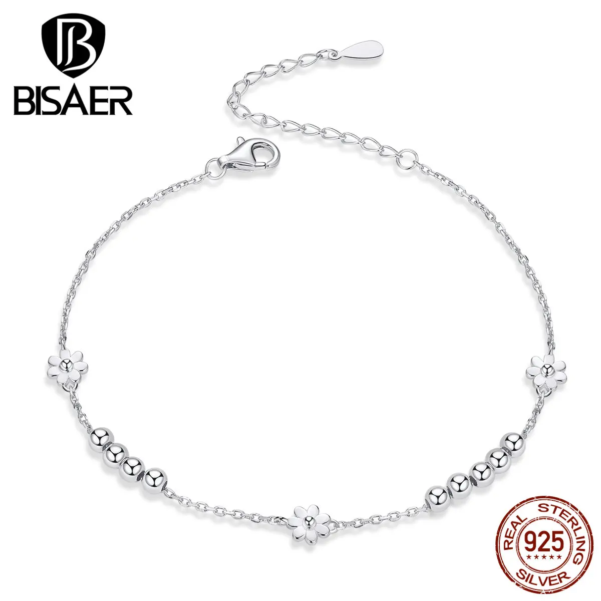 Браслеты с маргаритками BISAER 925 пробы Серебряный цветок женские браслеты на цепочке для женщин ювелирные изделия из стерлингового серебра ECB146