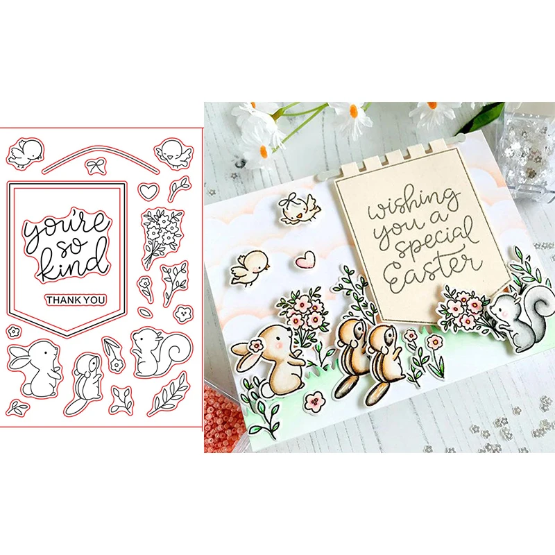 

Flying Bird Lovely Rabbit Squirrel Plants You're So Kind Thank U Word Transparent Clear Stamps For DIY Scrapbooking Cards Crafts
