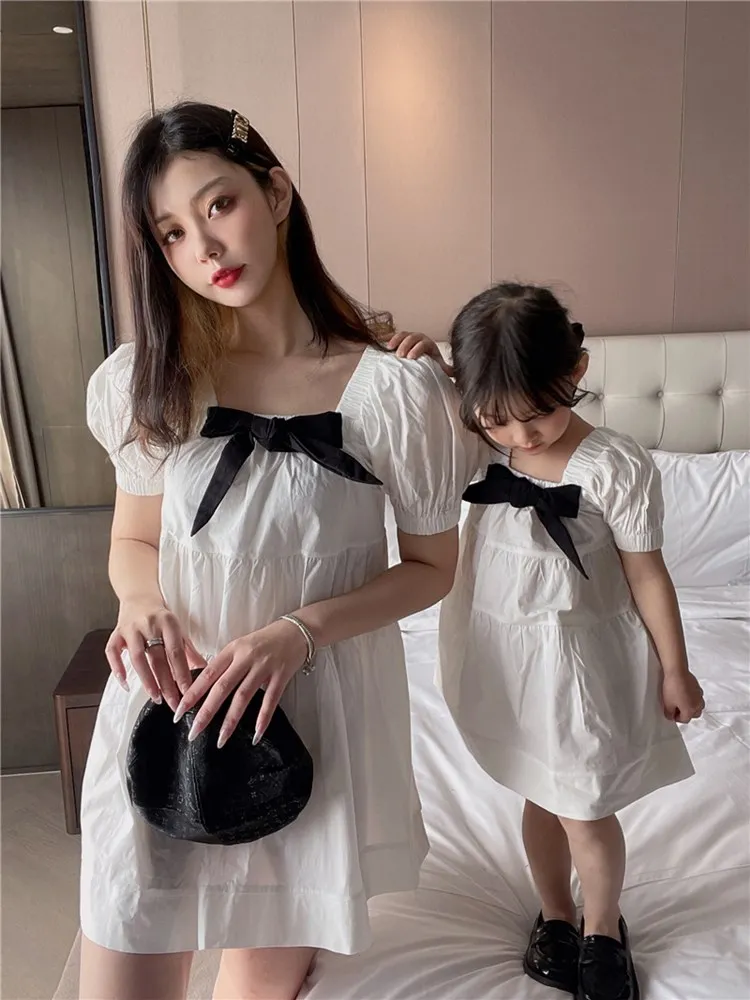 

LILIGIRL White Puff Sleeve Long Girl Princess Dress Doll Collar Dress Mother And Daughter Family Mommy And Me Baby Girl Clothes